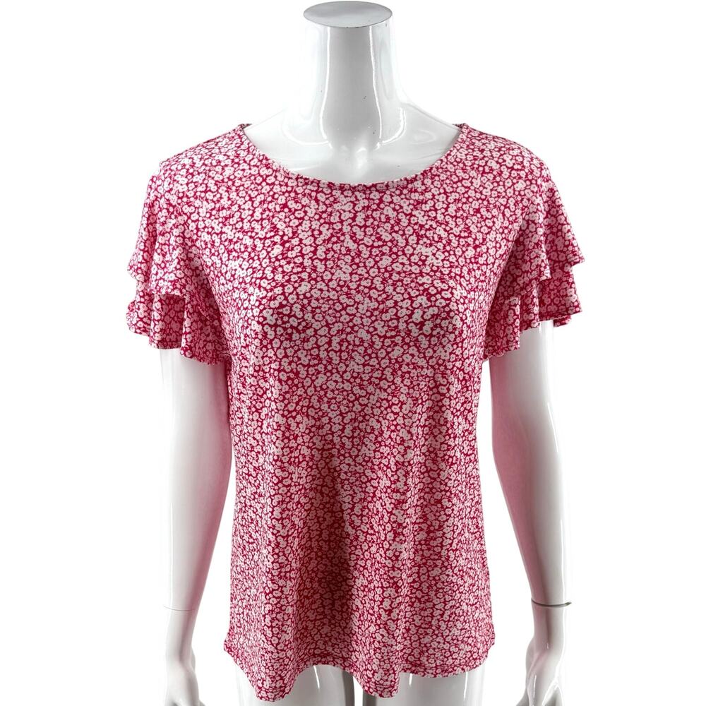 Adrianna Papell Top Size Large Pink White Floral Stretch Ruffle Flutter Sleeve